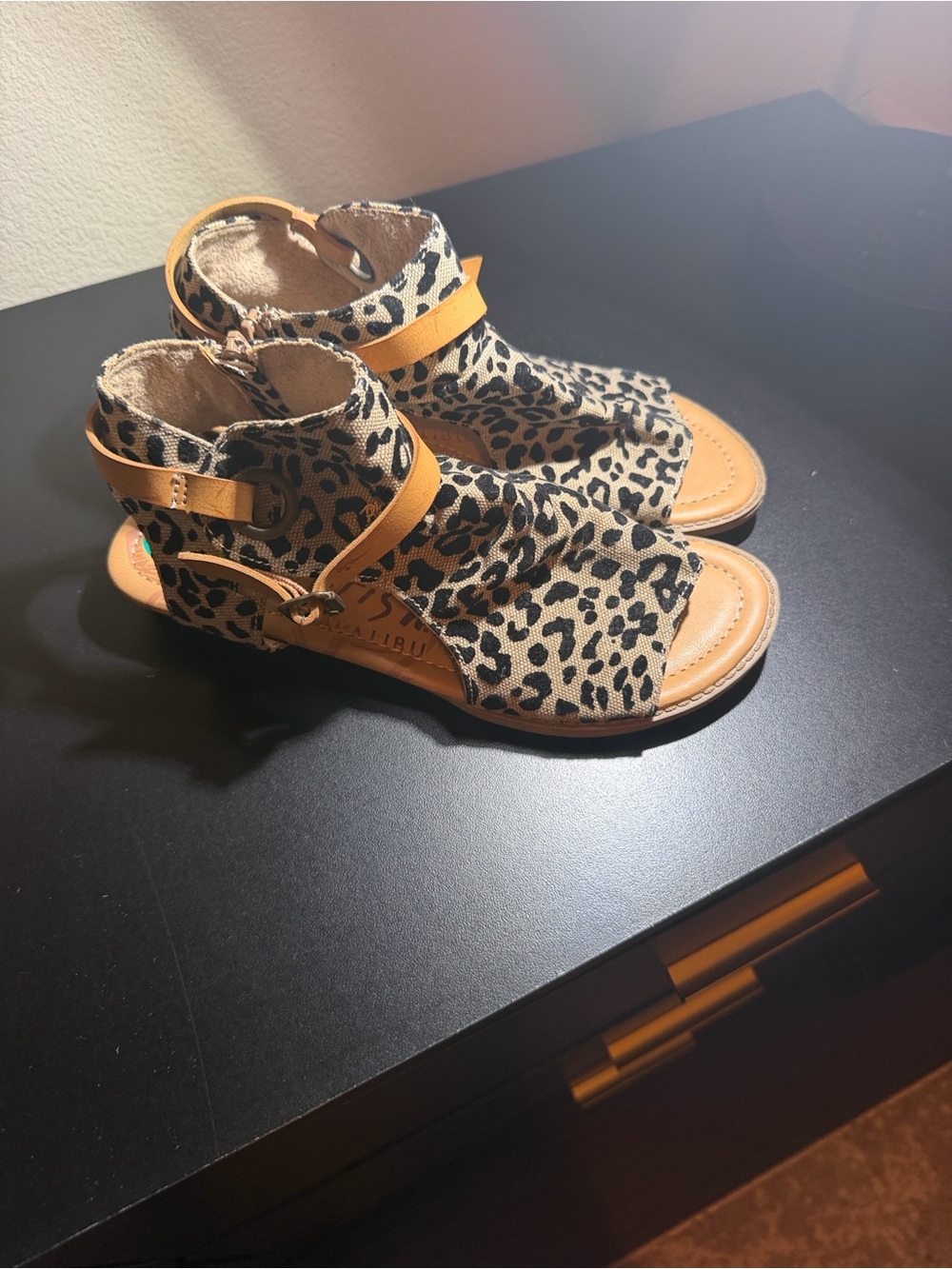 Girls Leopard Print Open-Toe Sandals with Tan Straps